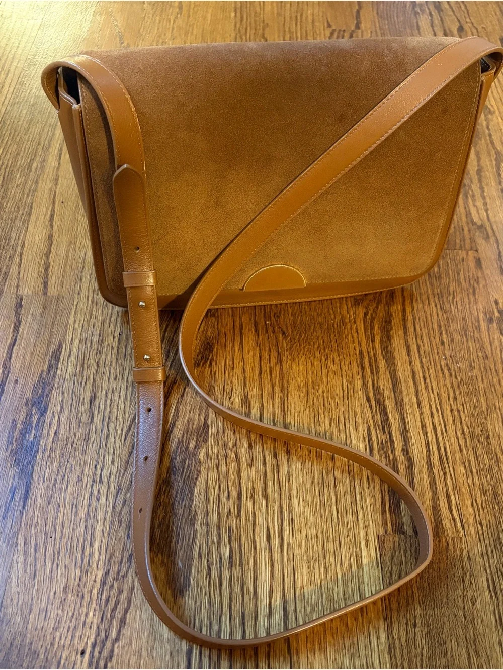 Cuyana Tan Suede and Leather Crossbody Bag with Gold Accent